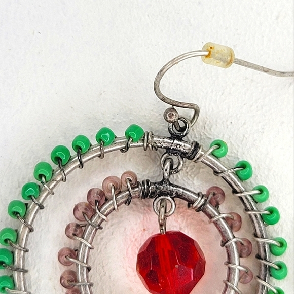 Glass Bead Wire-Weaved Double Hoop Silver Earrings - Picture 4 of 5